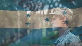 Saluting over Honduras flag animation, soldier showing respect and patriotism. military, salute, honor, national pride, defense, tribute - Powered by Shutterstock - Get 15% off with code: PIKWIZARD15