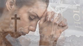 Praying woman with cross and Holy Bible, religious faith animation. Religion, spirituality, devotion, belief, worship, Christian - Powered by Shutterstock - Get 15% off with code: PIKWIZARD15