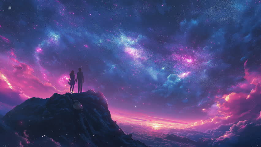 The two people stand on top of a mountain and look at the stars. Loop animation