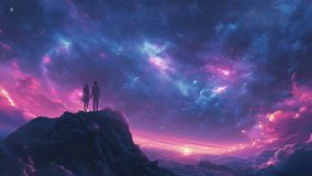 The two people stand on top of a mountain and look at the stars. Loop animation - Powered by Shutterstock - Get 15% off with code: PIKWIZARD15