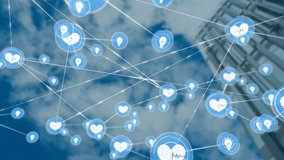 Animated health-related icons and connections over cloudy sky and building. Animation, technology, healthcare, connectivity, innovation, futuristic - Powered by Shutterstock - Get 15% off with code: PIKWIZARD15