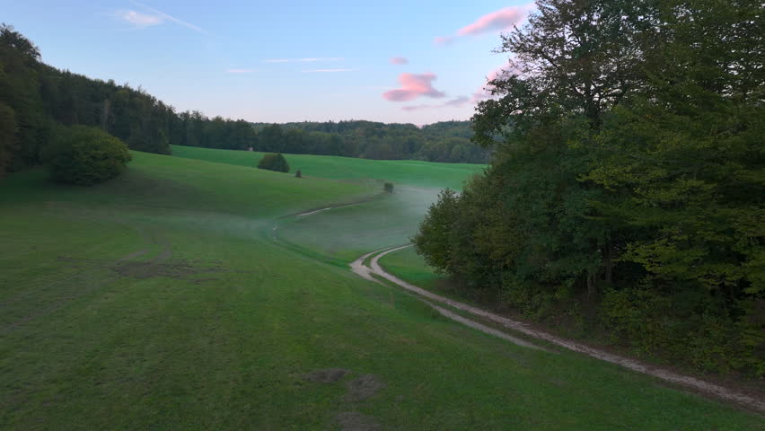 AERIAL: Cyclist rides a winding path through a misty green field with a dog by her side. Soft shades of pink clouds and fading blue sky drift over a beautiful landscape interspersed with gentle mists.