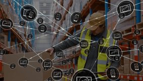 Warehouse worker using tablet, logistics network animation over shelves and boxes. supply chain, technology, inventory, shipping, automation, storage - Powered by Shutterstock - Get 15% off with code: PIKWIZARD15