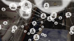 Operating forklift in warehouse, network of connections animation in background. Logistics, transportation, technology, industry, networking, automation - Powered by Shutterstock - Get 15% off with code: PIKWIZARD15