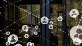 Warehouse with stacked boxes, network of connections animation overlaying scene. Logistics, storage, distribution, supply chain, technology, industrial - Powered by Shutterstock - Get 15% off with code: PIKWIZARD15