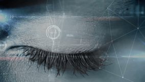 Close-up of eye with digital data processing and hexagonal shapes animation. Technology, cyber, futuristic, innovation, virtual, interface - Powered by Shutterstock - Get 15% off with code: PIKWIZARD15