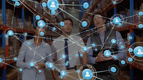 Discussing logistics, warehouse workers with network connections and data processing animation. teamwork, technology, automation, connectivity, management, distribution - Powered by Shutterstock - Get 15% off with code: PIKWIZARD15