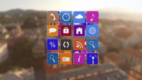 Animating colorful app icons over blurred cityscape background. Technology, digital, animation, abstract, urban - Powered by Shutterstock - Get 15% off with code: PIKWIZARD15
