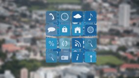 Animating app icons over blurred cityscape background. Technology, app development, motion graphics, digital, user interface, urban - Powered by Shutterstock - Get 15% off with code: PIKWIZARD15