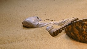 military helmet, a pair of worn combat boots, and a pair of broken sunglasses, partially buried in the sand. The arrangement suggests a narrative of someone having been in this harsh environment - Powered by Shutterstock - Get 15% off with code: PIKWIZARD15