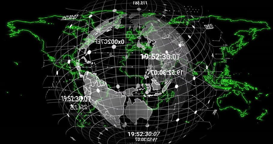 Animation of data processing and globe over world map. Technology, business and digital interface concept digitally generated video.