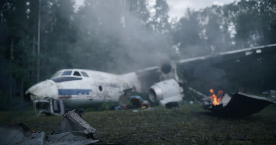 Remote Forest Airplane Crash. Crashed Airliner Lies in Ruins. Aircraft is Shattered with Pieces Scattered Across the Ground and Smoke Billowing From the Wreckage