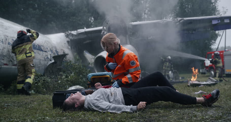 Rescue Team Working on Wreckage Site of a Crashed Airliner, Firefighters Extinguishing Flames while Paramedics Attend to Injured Passengers. Young Female in Pain Lying on the Ground in the Rain