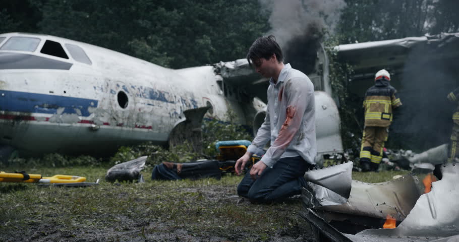Young Man Kneels to the Ground, Traumatized and Bruised, Sitting Near a Wrecked Burning Airplane. Firefighters and Emergency Crew Arrive to Control the Fire. Dramatic Rescue Scene in a Wet Forest