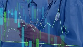 Animation of financial data processing over diverse doctor using tablet. Global medicine, healthcare, finances, computing and digital interface concept digitally generated video. - Powered by Shutterstock - Get 15% off with code: PIKWIZARD15