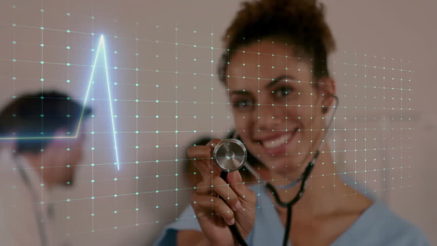 Animation of cardiograph over african american female doctor using stethoscope. Global medicine, healthcare, science, computing and digital interface concept digitally generated video. - Powered by Shutterstock - Get 15% off with code: PIKWIZARD15