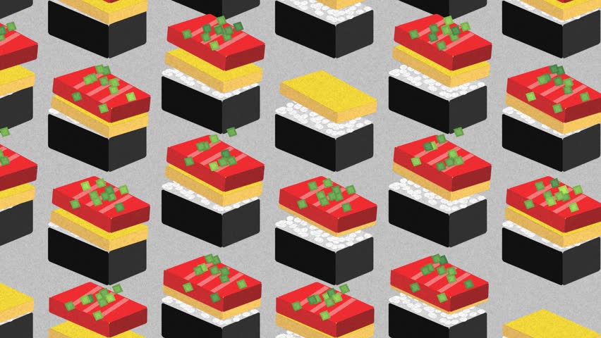 Seamless isometric pattern of sushi pieces. Bright colors of the sushi stand out against the neutral backdrop, Perfect for design related to Japanese cuisine, food illustrations, or playful background