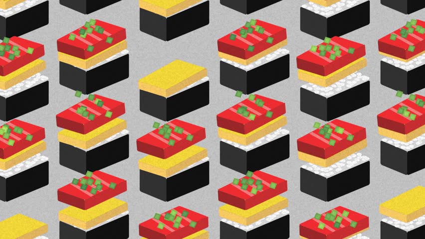 Playful isometric pattern featuring sushi blocks. Ideal for culinary, food art, and Japanese culture themes. Omelet and Salmon. 4K and Seamless loop