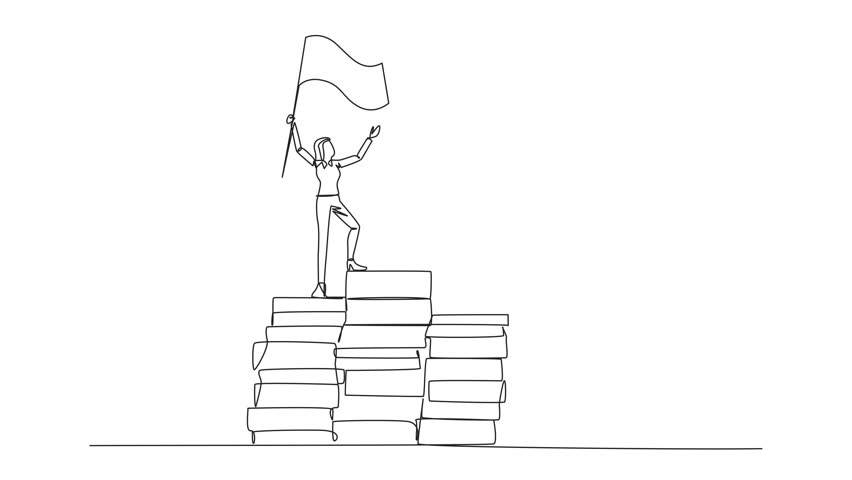 Animation of single one line drawing of businesswoman standing on piles of documents raising flag. Create a business plan with lots of data. Winner, even if there is a lot of work. Full length motion