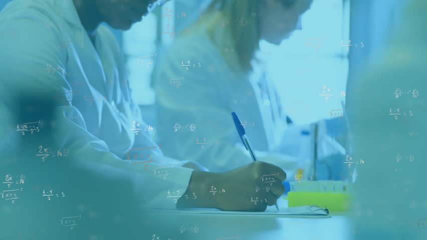 Animation of mathematical formula over diverse scientists working in lab. Global science, technology, computing and digital interface concept digitally generated video. - Powered by Shutterstock - Get 15% off with code: PIKWIZARD15