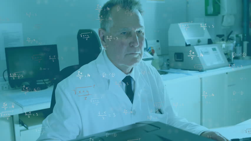 Animation of mathematical formula over caucasian male scientist working in lab. Global science, technology, computing and digital interface concept digitally generated video. - Powered by Shutterstock - Get 15% off with code: PIKWIZARD15