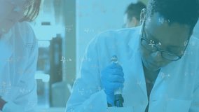 Animation of mathematical formula over diverse scientists working in lab. Global science, technology, computing and digital interface concept digitally generated video. - Powered by Shutterstock - Get 15% off with code: PIKWIZARD15