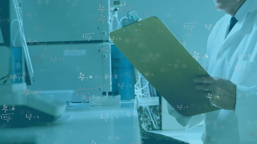 Animation of mathematical formula over caucasian male scientist working in lab. Global science, technology, computing and digital interface concept digitally generated video. - Powered by Shutterstock - Get 15% off with code: PIKWIZARD15
