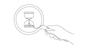 Self drawing animation of continuous one line drawing big hand holding magnifying glass highlights the hourglass. Counting down to a new business. Counting days to launch. Full length animated - Powered by Shutterstock - Get 15% off with code: PIKWIZARD15