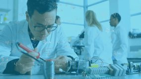 Animation of mathematical equations over diverse scientists working in lab. Global science, technology, computing and digital interface concept digitally generated video. - Powered by Shutterstock - Get 15% off with code: PIKWIZARD15