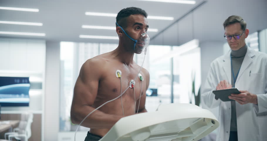 Athlete Wearing Oxygen Mask for Cardiopulmonary Exercise Test on Treadmill, Monitored by Physician in Advanced Medical Lab, Assessing Heart Rate and Respiratory Function for Scientific Sport Training