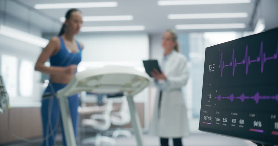 Female Athlete Wearing Headset for a Cardiopulmonary Exercise Test on a Treadmill in a High-tech Medical Lab, Monitored by a Healthcare Professional Using Advanced Equipment for Research