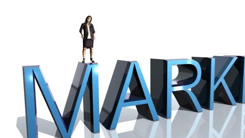 Business Woman stands on top of Marketing text