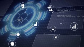 Animation of eco icons and digital data processing over scope and screens. Global connections, computing and data processing concept digitally generated video. - Powered by Shutterstock - Get 15% off with code: PIKWIZARD15