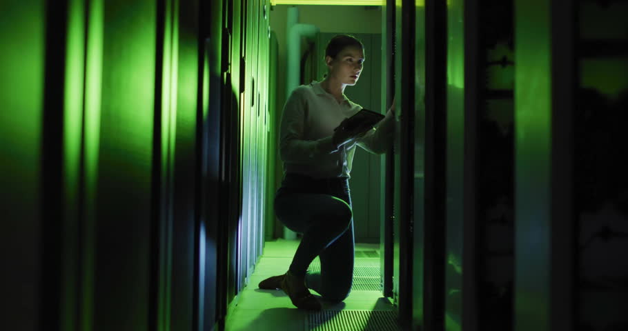 Animation of digital data processing over caucasian it woman by computer servers. Global connections, computing and data processing concept digitally generated video.