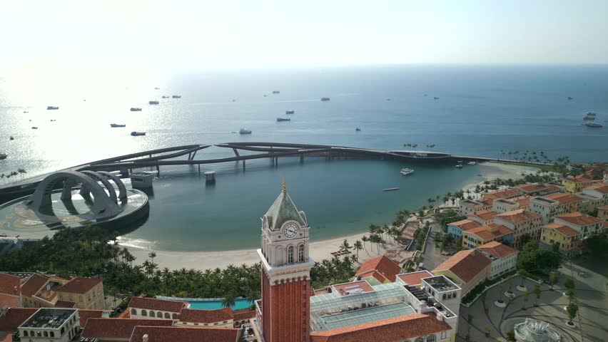 Aerial view of Kiss Bridge in Sunset Town on Phu Quoc Island, Vietnam.