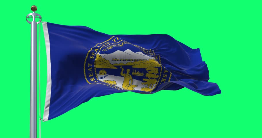 Nebraska state flag waving in the wind isolated on green background. Seamless 3D render animation. Chroma key. Slow motion loop. Green screen. 4K. Selective focus