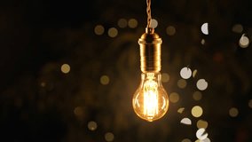 Decorative old Edison Tungsten filament lamp hanging outdoors in garden, glowing, vintage lightbulb. Energy, electricity, innovation. Street lighting - Powered by Shutterstock - Get 15% off with code: PIKWIZARD15