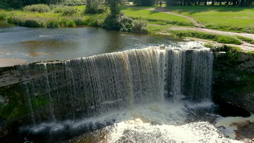 Aerial view of Jagala Waterfall or Jagala juga. The widest and most powerful natural waterfall in Estonia. Located on the Jagala River near the Gulf of Finland. Koogi, Harju County. Northern Estonia.