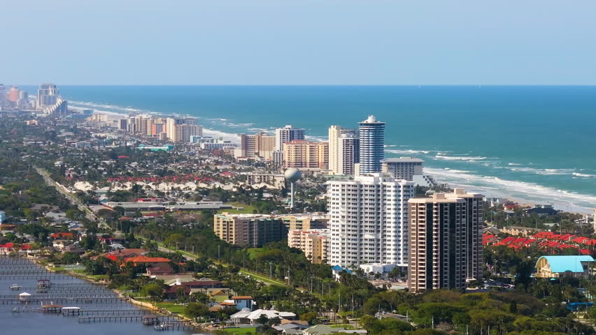 Daytona Beach, Florida. Coastal city in southern USA on Atlantic ocean shore. Aerial view of wealthy waterfront neighborhood.