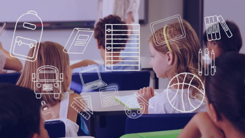 Animation of school icons over diverse schoolchildren. Education, learning, connections, computing and data processing concept digitally generated video. - Powered by Shutterstock - Get 15% off with code: PIKWIZARD15
