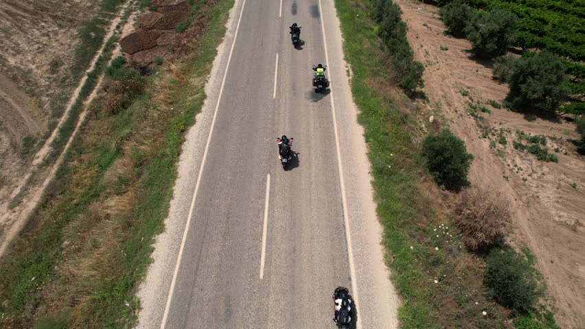 motorcyclists on the road, drone footage, Harley Davidson, fa01