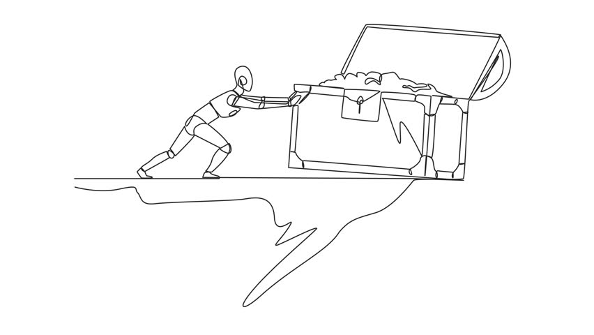 Self drawing animation of continuous one line drawing robot pushes open giant treasure chest down from the edge of the cliff. Robot isn't greedy. Future robotic development. Full length animated