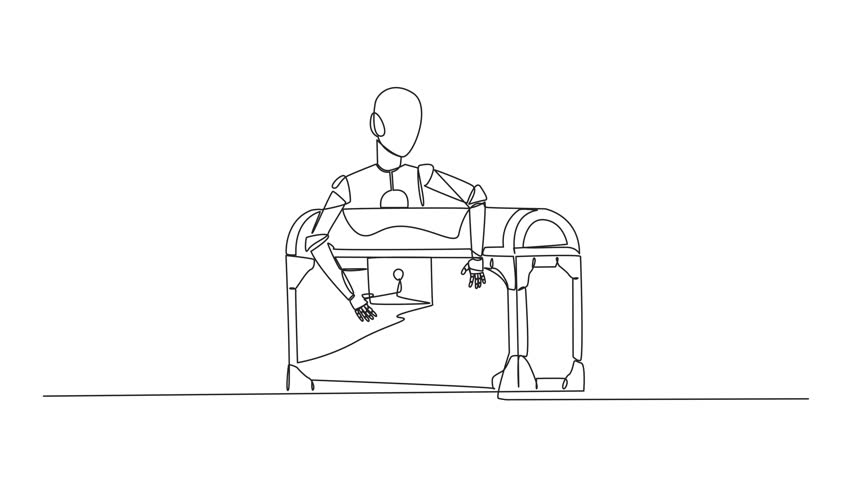 Self drawing animation of continuous line drawing robotic hugging treasure chest. Scans were carried out to determine how antique the objects were inside. Technology concept. Full length animated