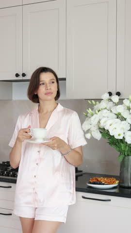 woman in kitchen in the morning drinking water with lemon,coffee,eating waffles with cranberries. girl in pajamas arranging flowers in vase, relax and chill.female enjoy time preparing breakfast.