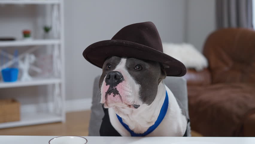 In this humorous video, a charming dog in a cowboy hat sits ready for adventure, while another dog in a stylish hat and tie exudes professionalism