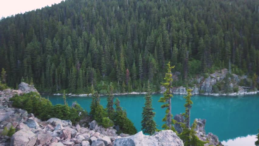 Top view from the mountains on the Chiliwack lake and mountain slopes covered with coniferous forest. British Columbia, Canada.