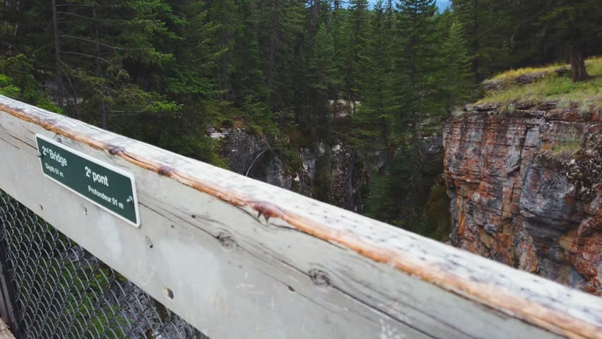 Picturesque cleft in the rocks and mountain river among rocks in Maligne Canyon in Jasper National Park, in Alberta, Canada. Top view from the observation deck.