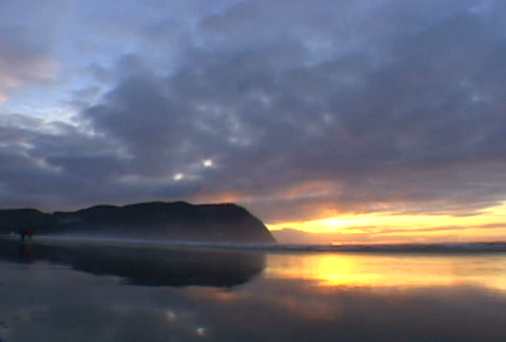 Time lapse of two people walk during sunset in Seaside, Oregon