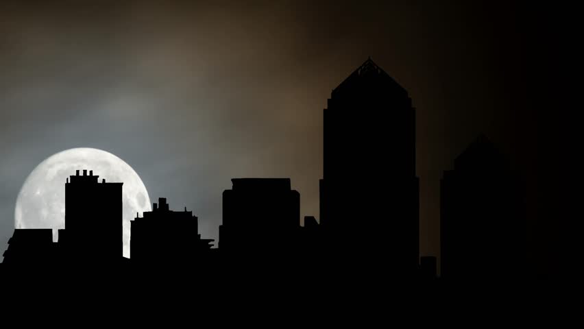 Downtown Buildings Silhouette in Albuquerque, Time Lapse by Night with Full Moon, New Mexico