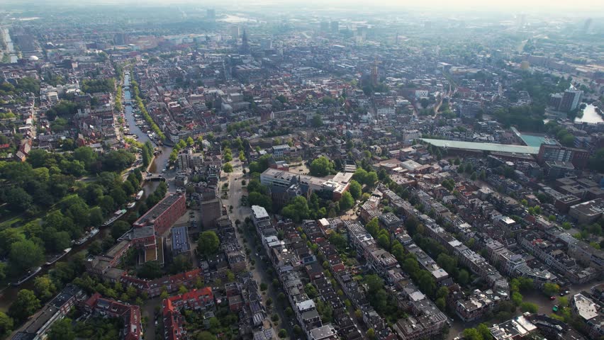 An Aerial panoramic view of the old town of the city Groningen on a sunny morning day in Netherland.